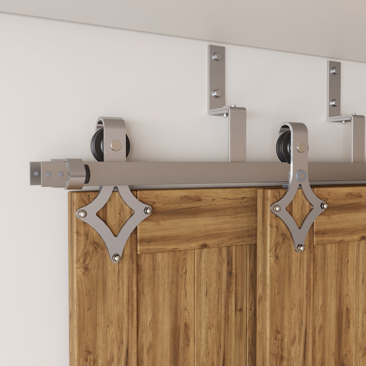 Double Track Bypass Sliding Barn Door Hardware Kit - Z-Shape, Brushed Nickel, Diamond Design Roller | Homacer