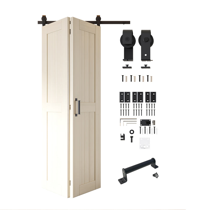 Bi-fold barn door kit with folding door panels and black hardware for closet openings