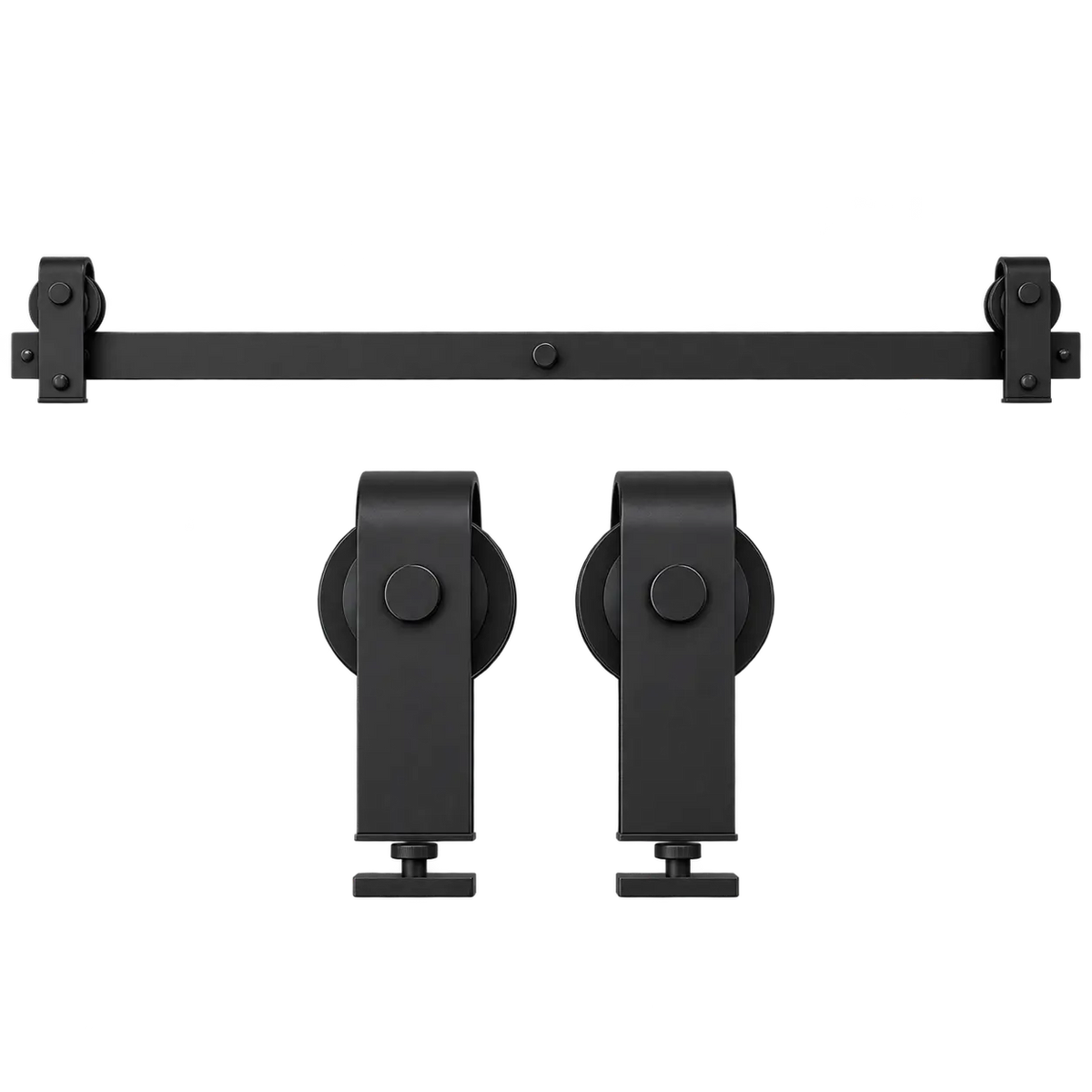 Black top-mount bifold barn door hardware with T-shape rollers and matching track
