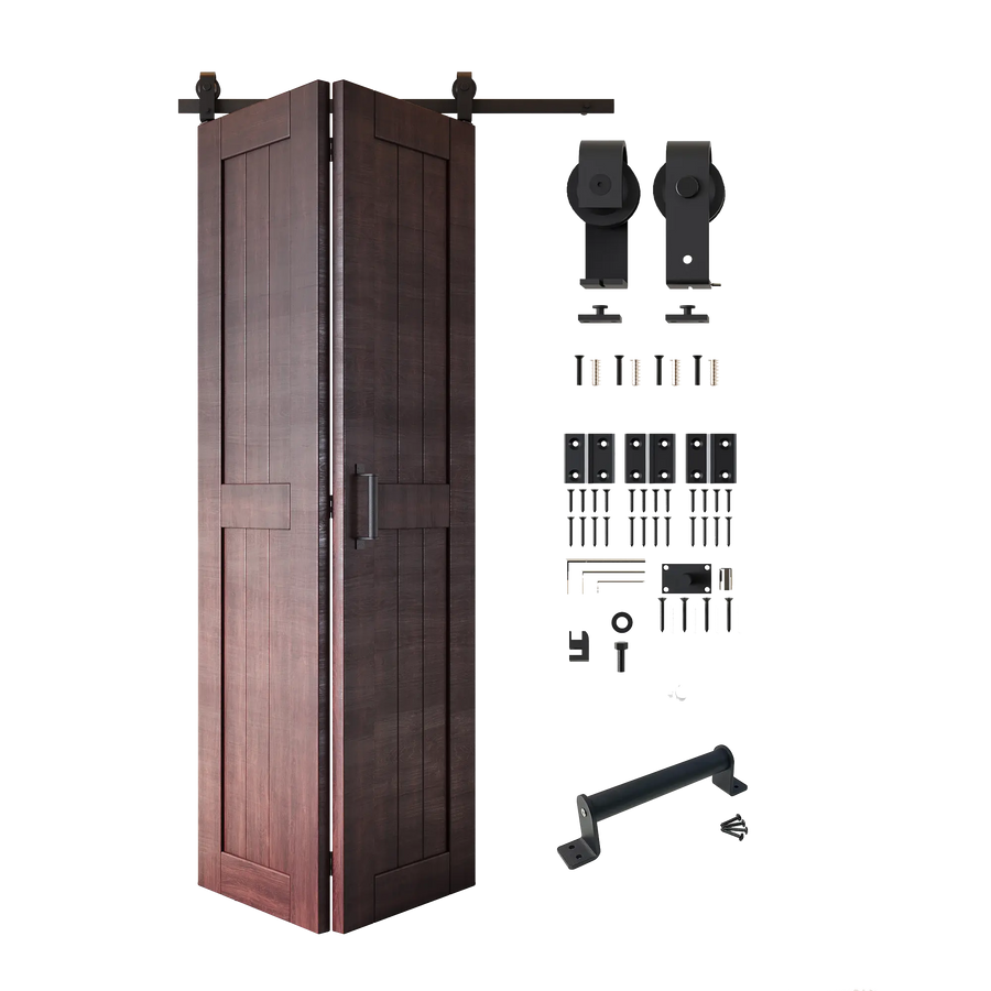 A dark brown wooden folding barn door shown with its black metal hardware components and mounting hardware.
