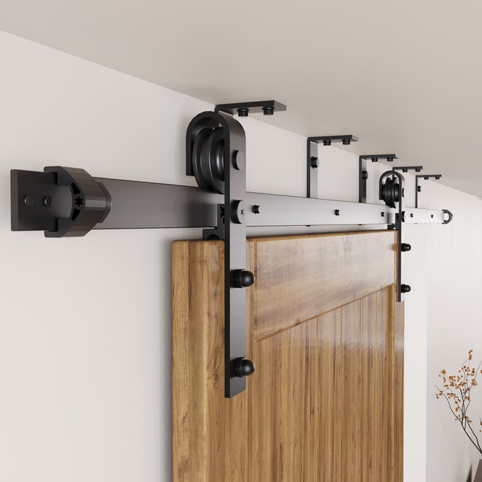 Ceiling mount barn door hardware kit with top-mounted track for interior sliding doors