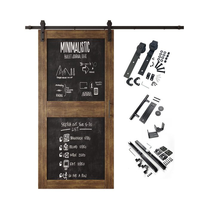Chalkboard barn door kit with rustic wood frame and black sliding hardware included