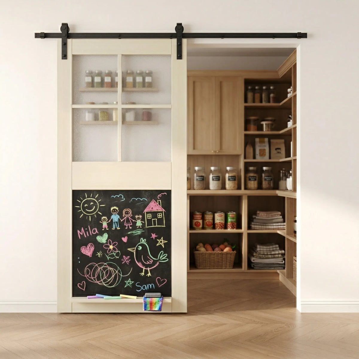 80-inch chalkboard barn door installed near a kitchen