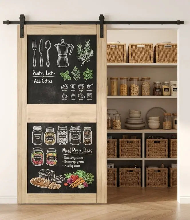 Chalkboard barn door combo kit with black sliding hardware for pantry and kitchen storage