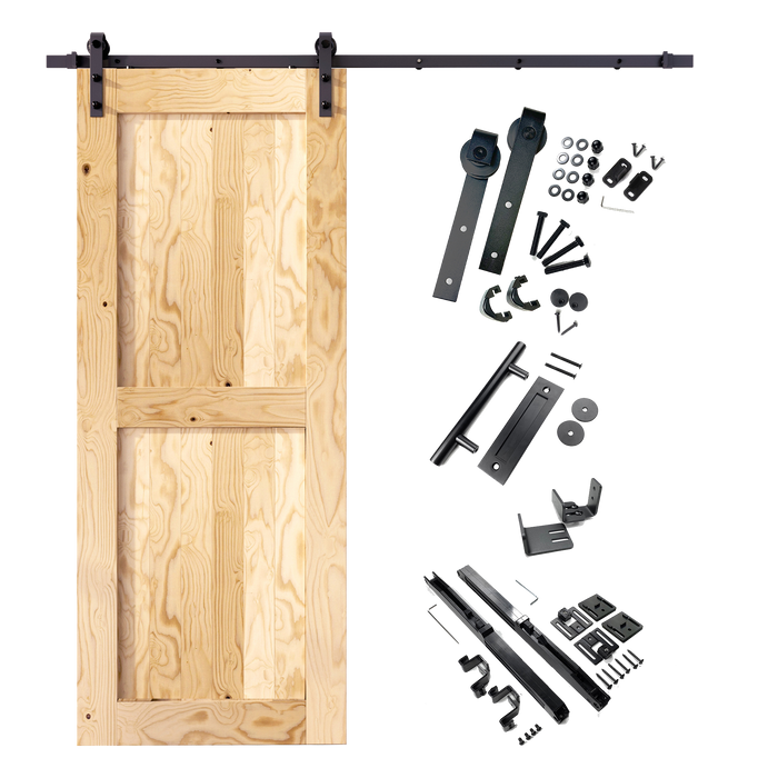 Classic barn door kit with unfinished wood door panel and black sliding hardware included