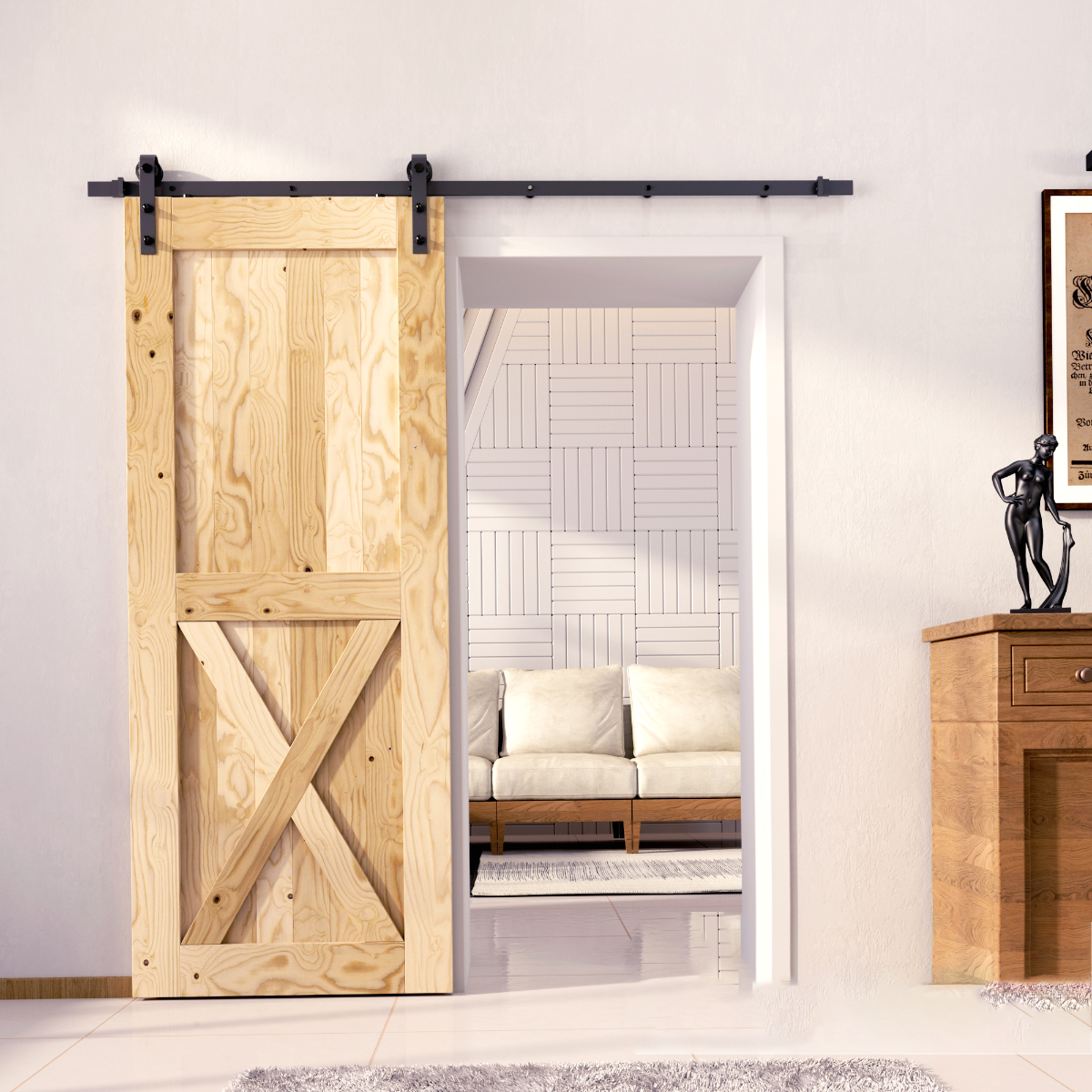 Classic unfinished wood barn door with black sliding hardware