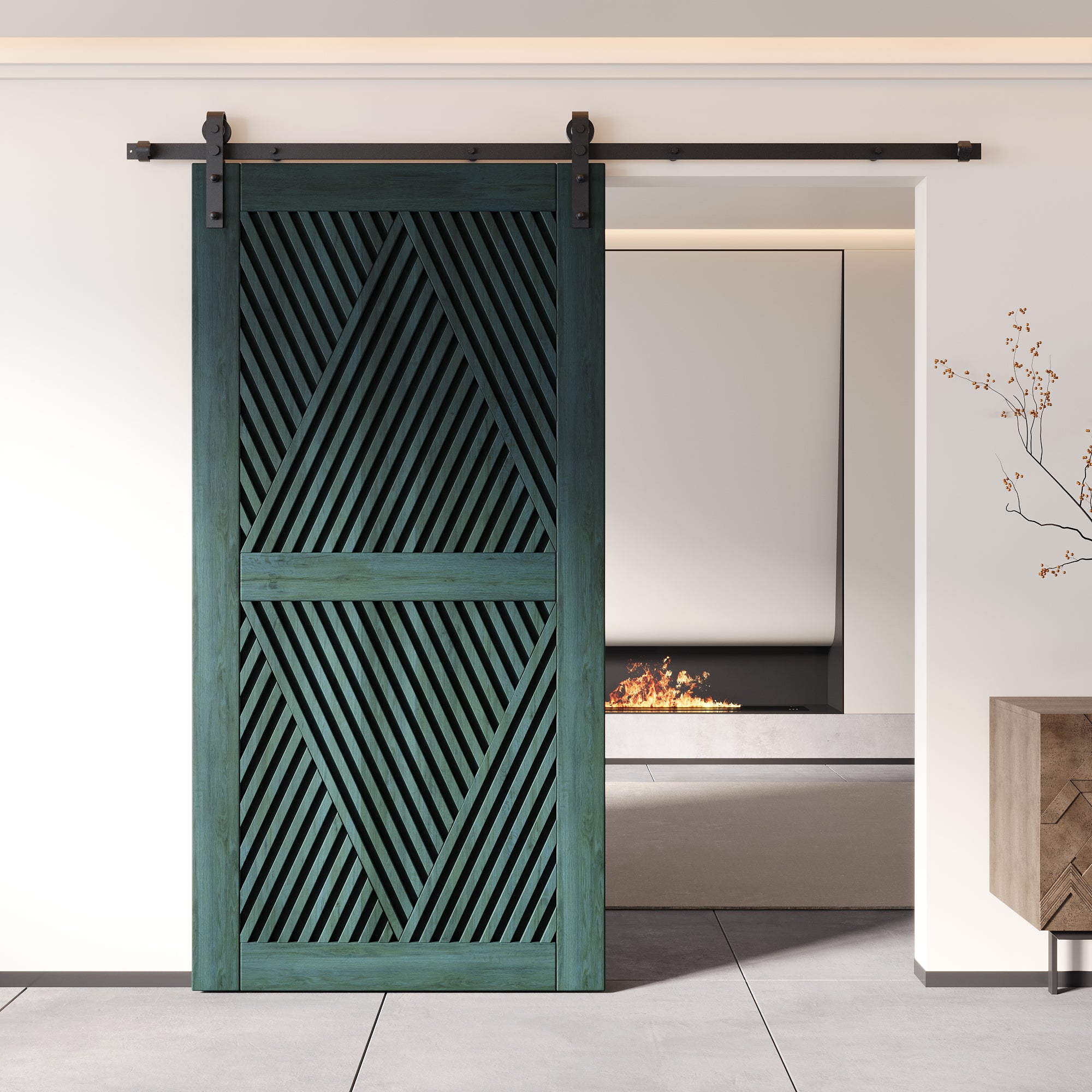 Deep blue barn door with diamond pattern in modern frame