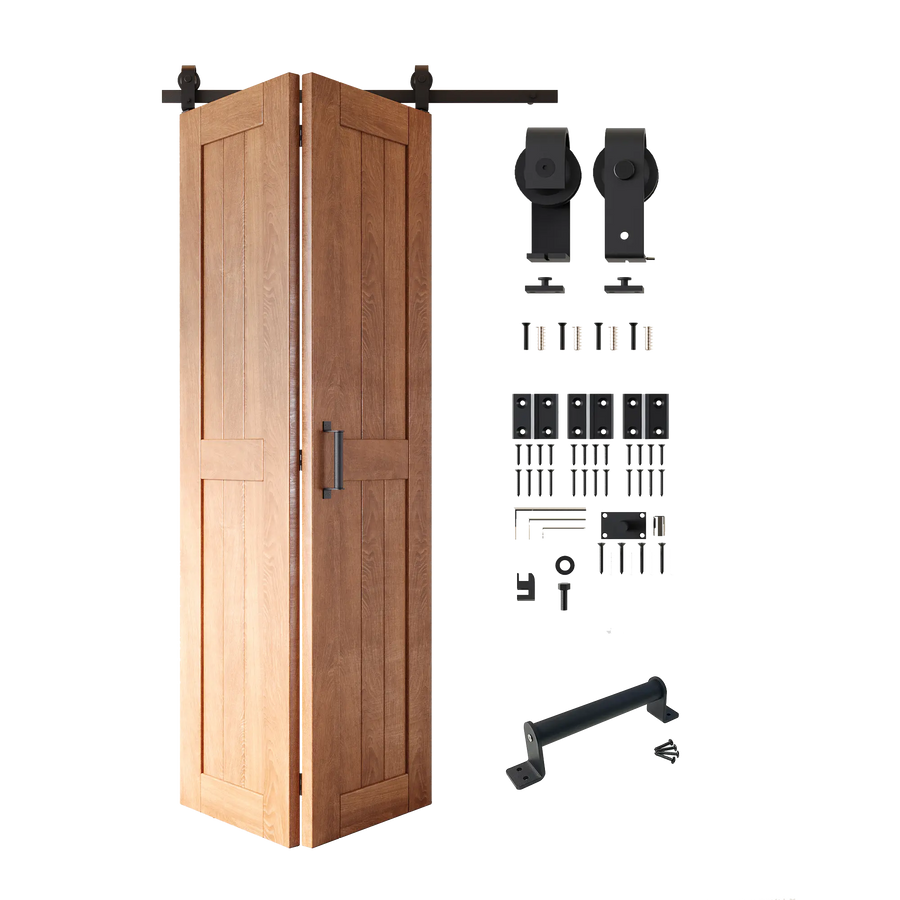 Two-door bifold barn door kit with wood door panels and black top-mount hardware
