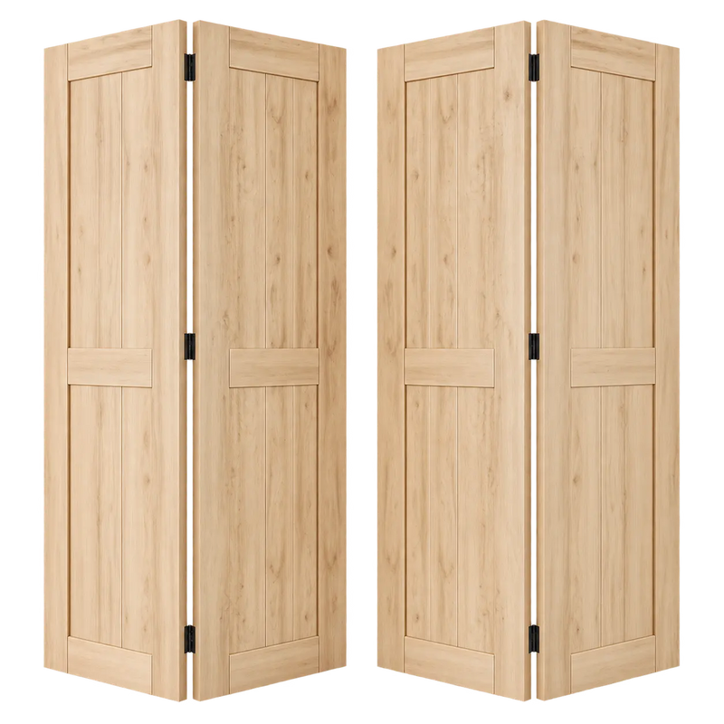 Four unfinished pine door panels arranged as two bifold barn door pairs
