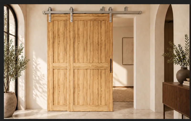 Two overlapping barn doors with double-track bypass hardware on parallel rails