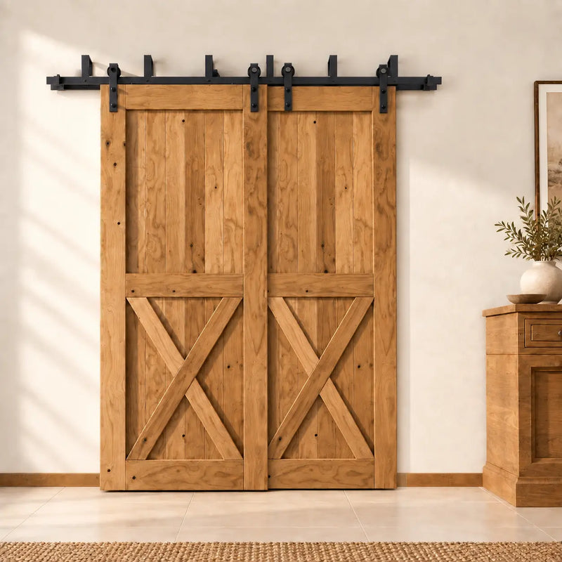 Two closed barn doors covering an opening on parallel double-track bypass rails