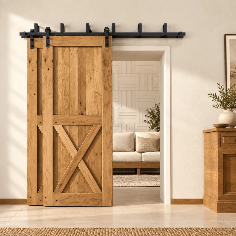 Two barn doors overlapping on double-track bypass hardware to expose part of the opening