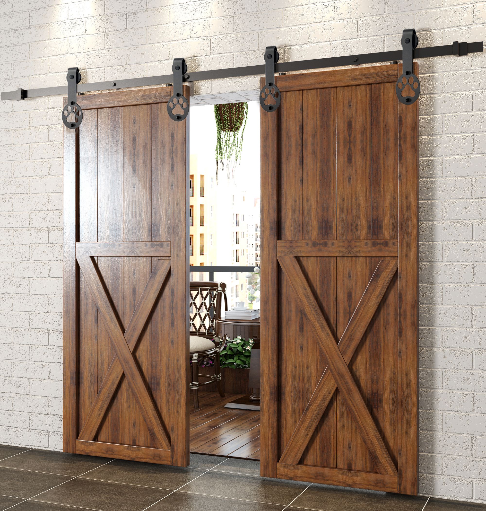 Non-Bypass Sliding Barn Door Hardware Kit - Puppy Paw Design Roller