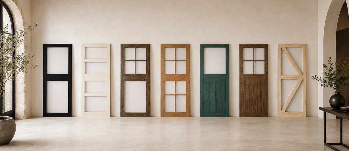 Six different single-panel interior glass barn doors in various colors and styles are lined up against a warm beige wall in a minimalist room setting.