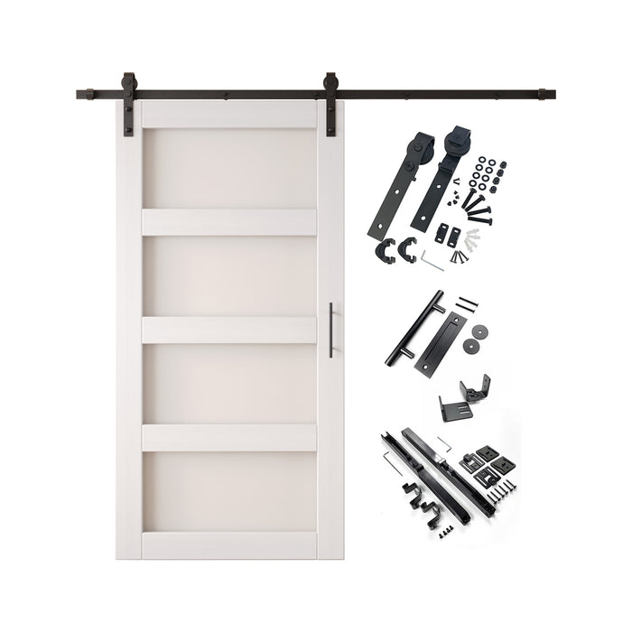 White glass barn door kit with frosted glass panels and black sliding hardware included