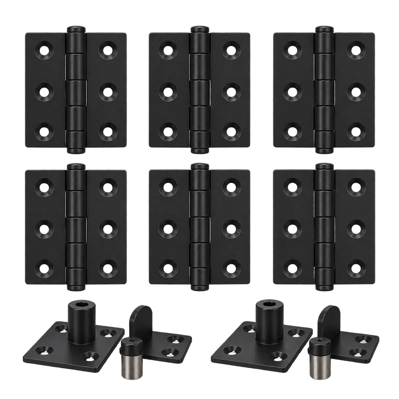 Six black door hinges and two bottom pivot assemblies for a 4-door bifold kit
