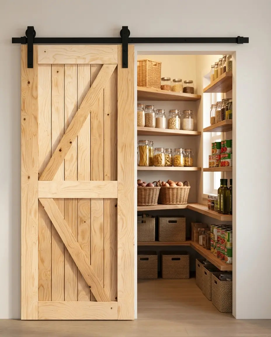 80-inch classic barn door installed in a pantry