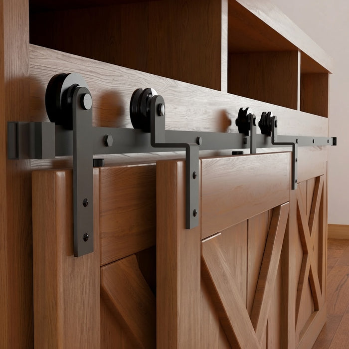 Mini barn door hardware kit for cabinet doors, shutters, and compact sliding doors