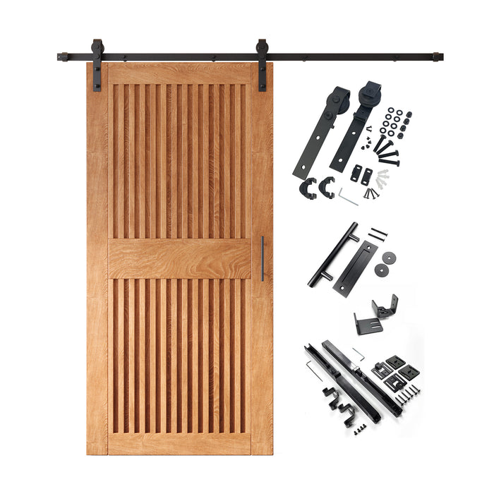 Modern barn door kit with wood door panel and matching black sliding hardware included
