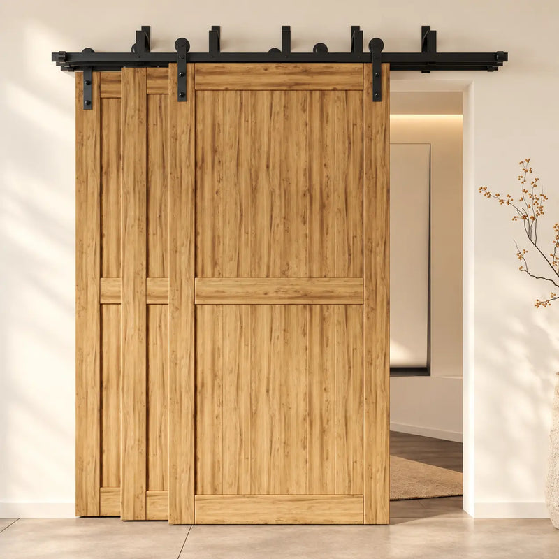 Three barn doors on separate parallel rails with triple-track bypass hardware