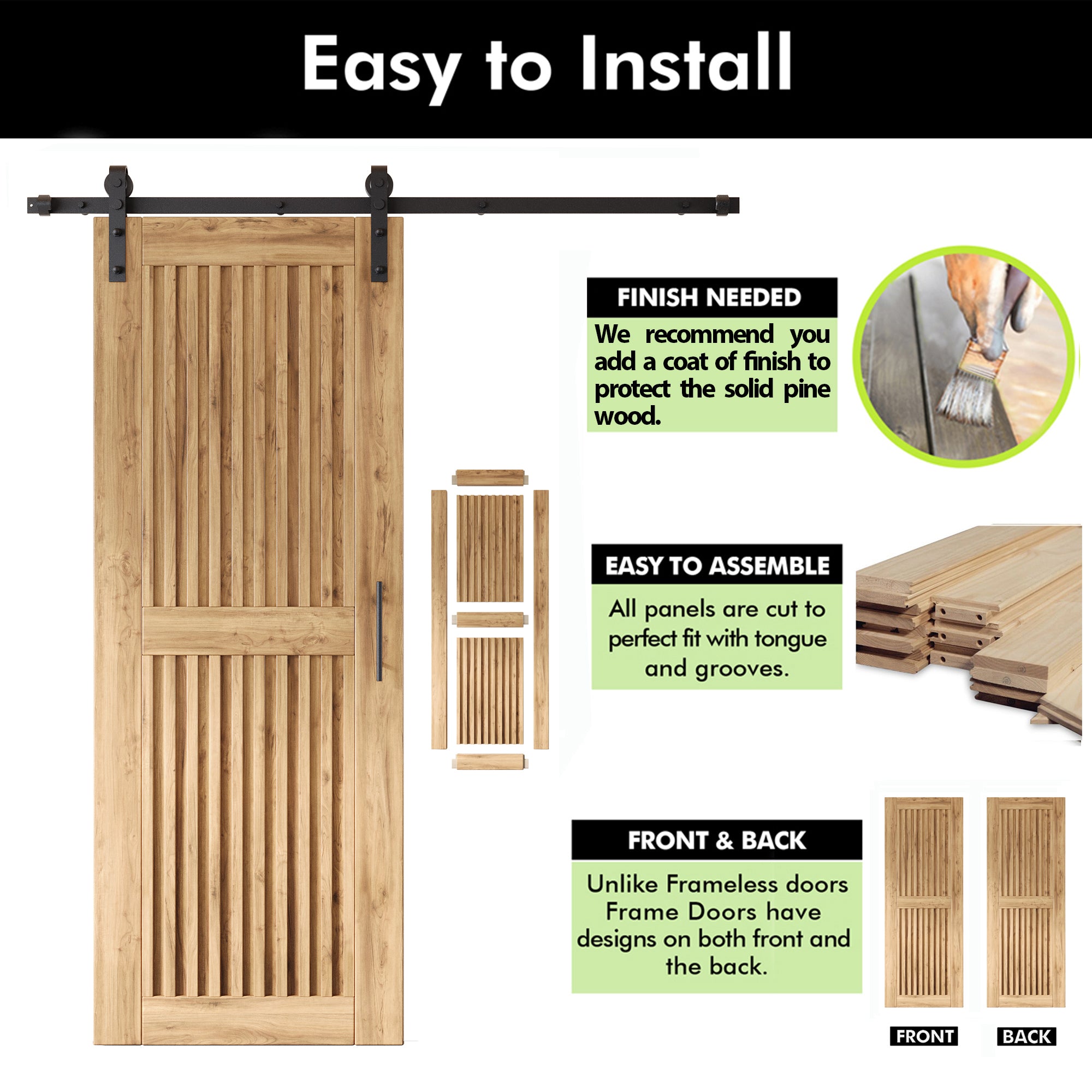 80" Height Vertical Stripe Design Unassembled & Unfinished Double Pine Wood Barn Door with Non-Bypass Installation Hardware Kit(Interior Use Only)