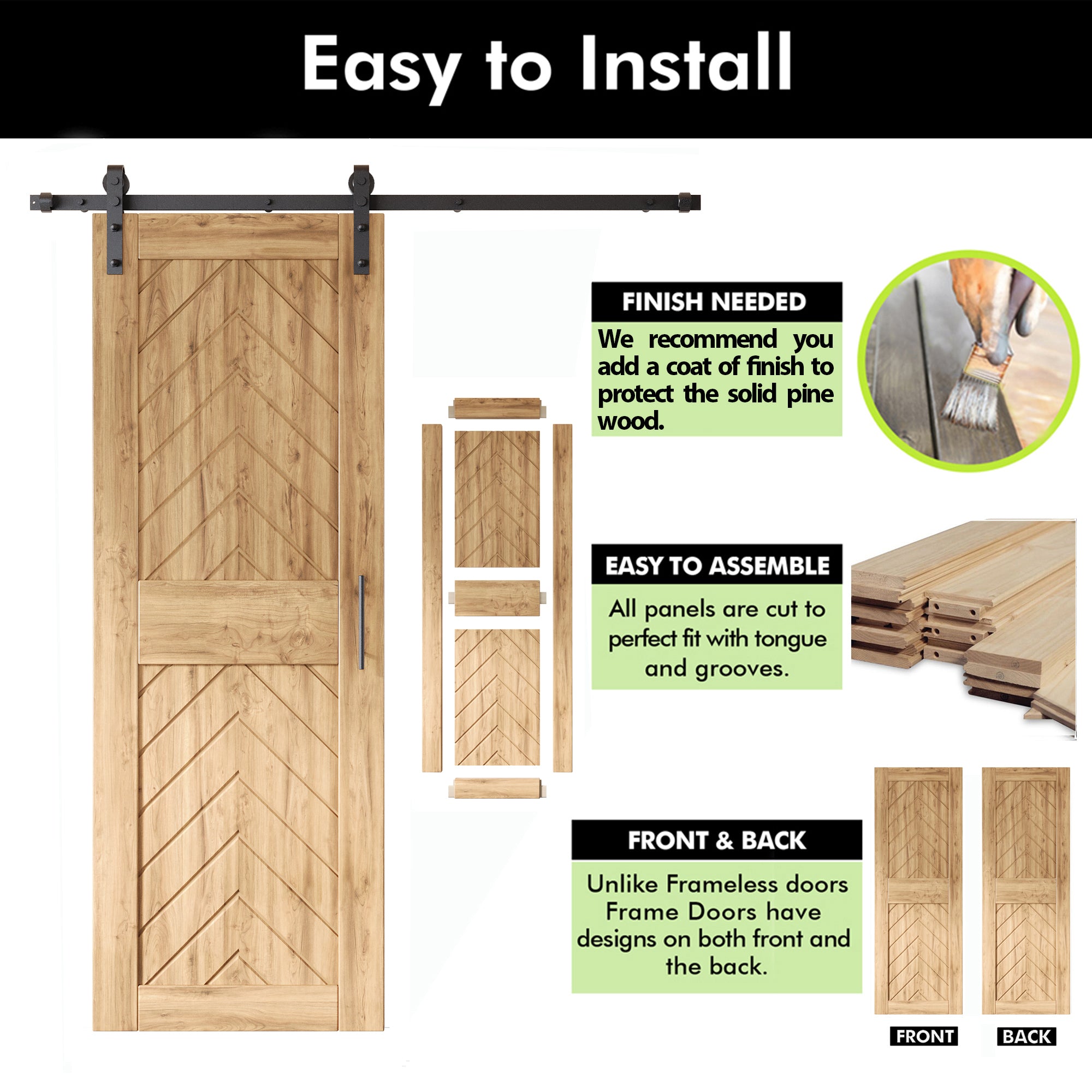 sliding barn door hardware with unfinished pine wood barn door fishbone design