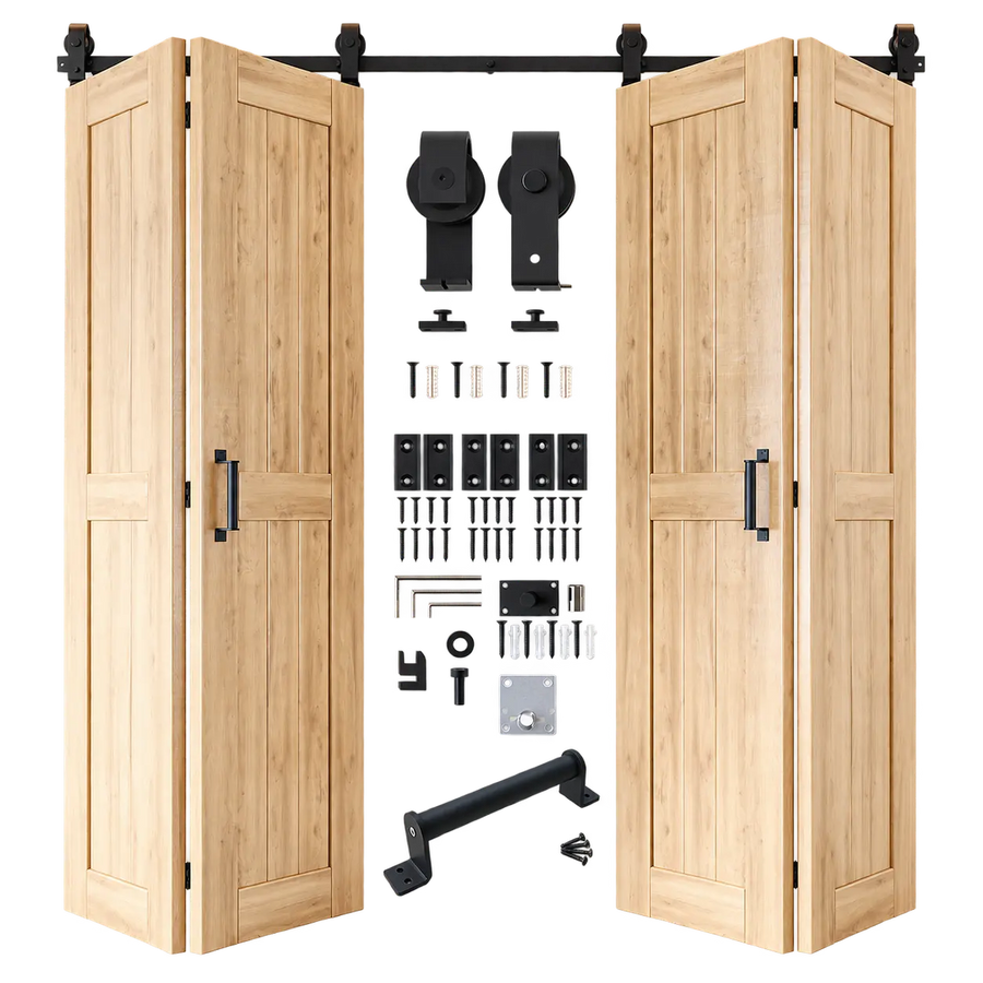 Unfinished pine 4-door bifold barn door kit with single track non-bypass hardware