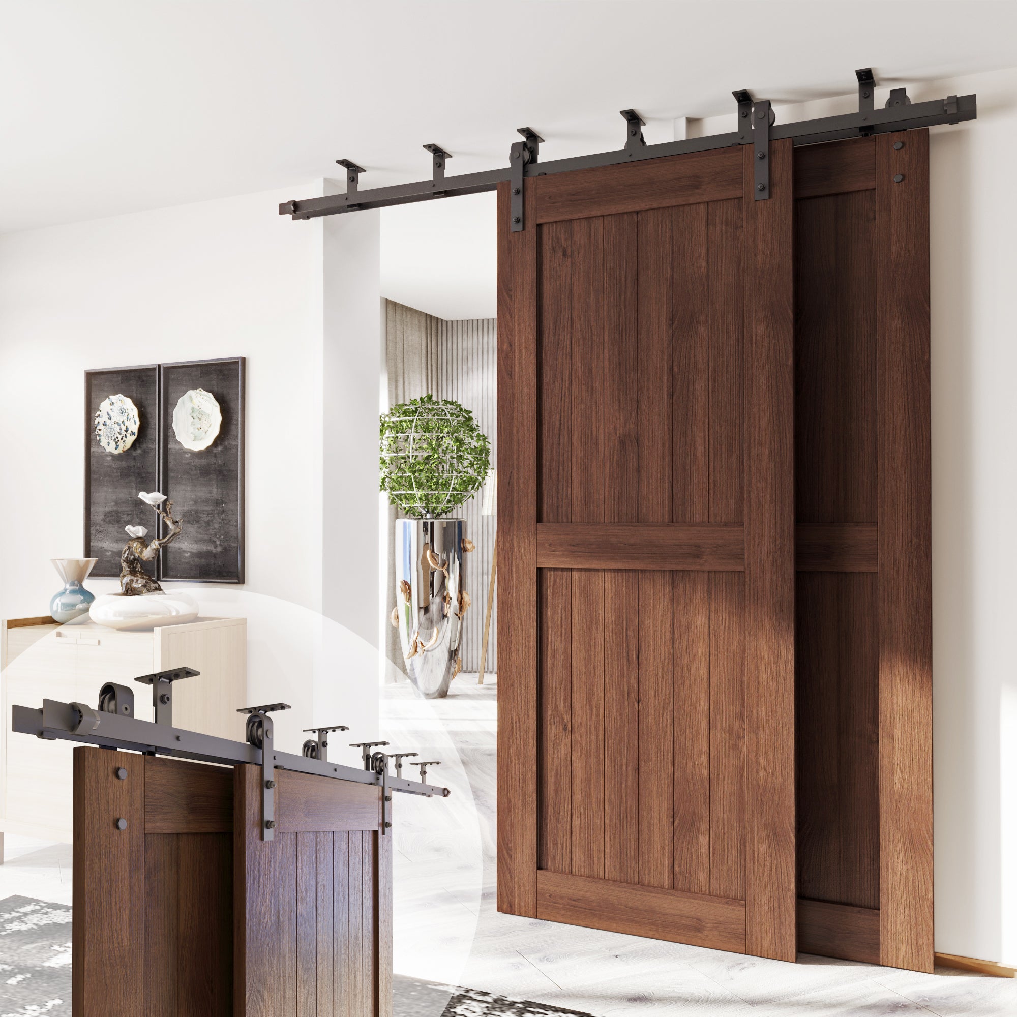 Homacer Black Rustic Ceiling Mount Double Track Bypass Sliding Barn Do