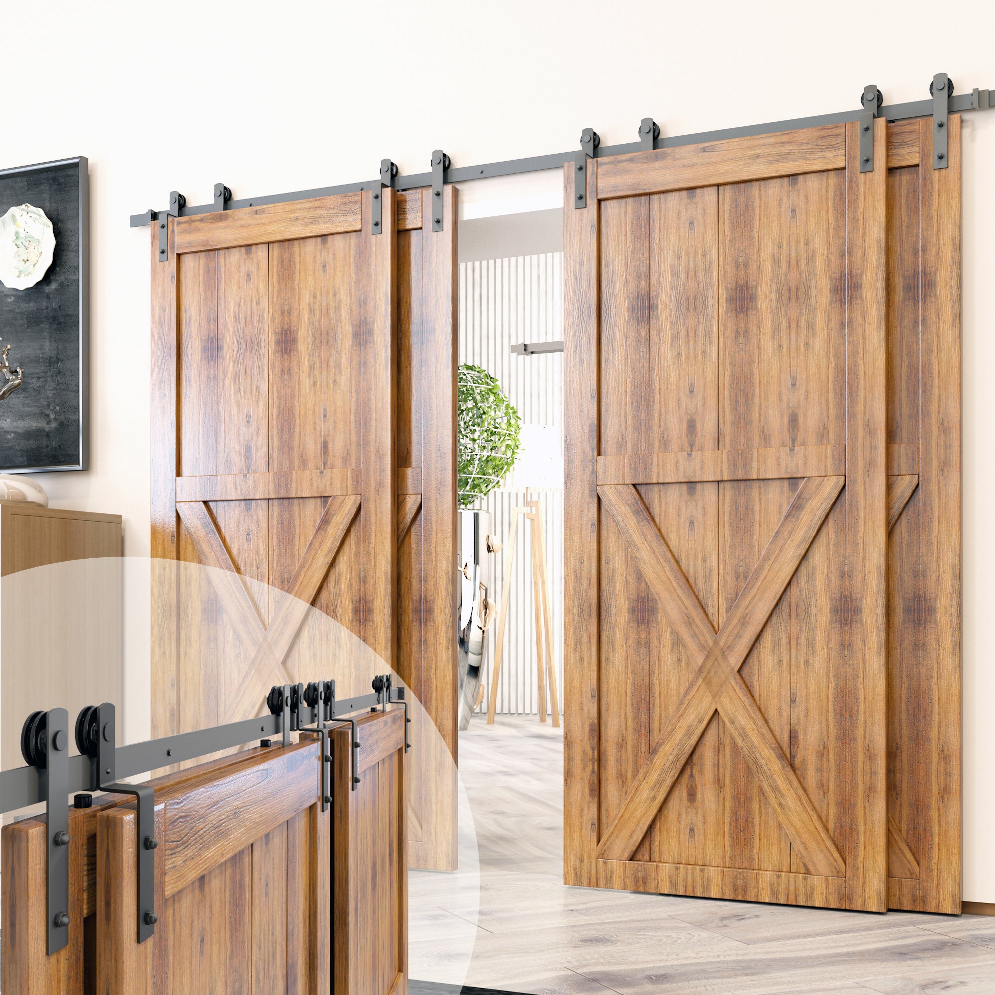 Single Track Bypass Sliding Barn Door Hardware Kit - Straight Design Roller
