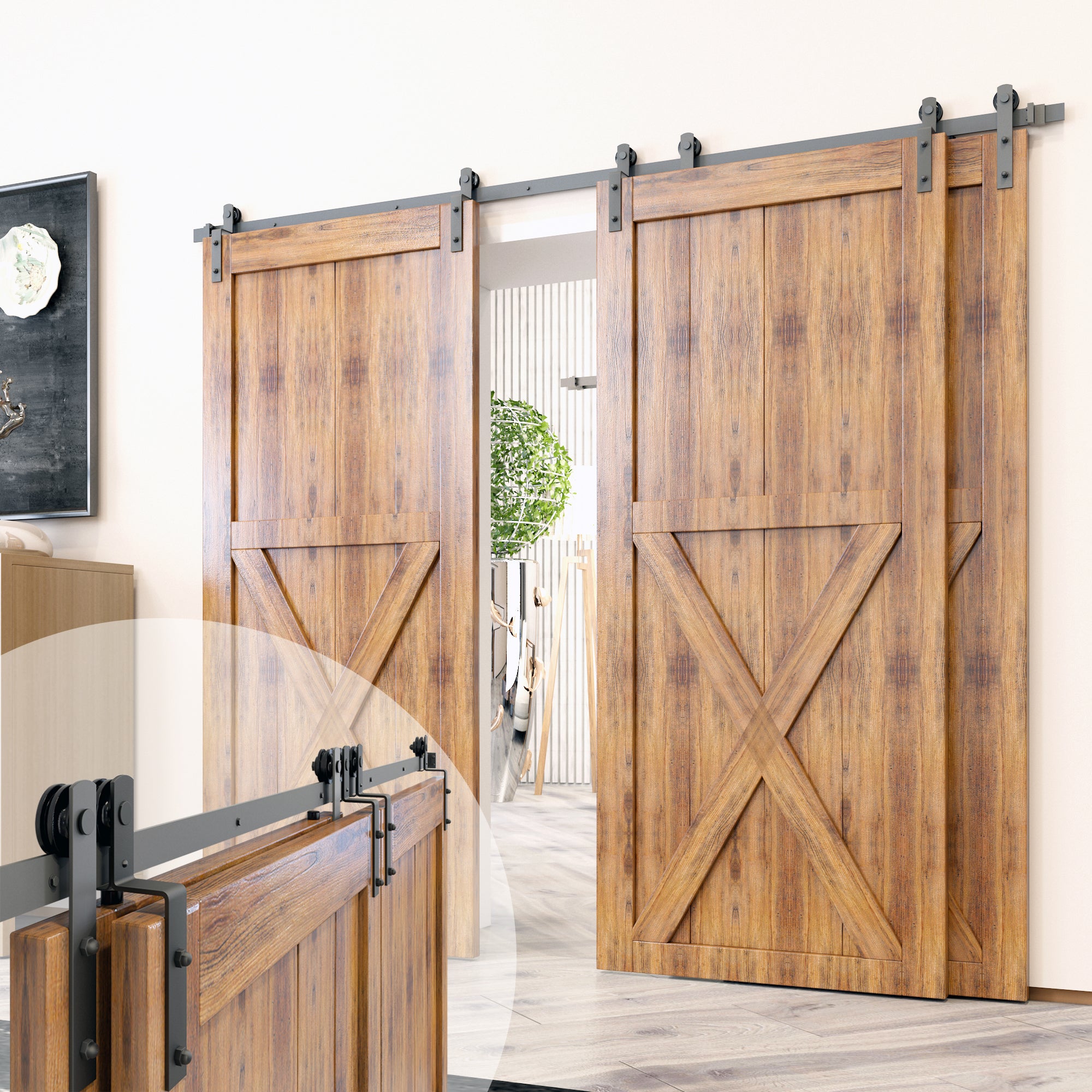 Single Track Bypass Sliding Barn Door Hardware Kit - Straight Design Roller