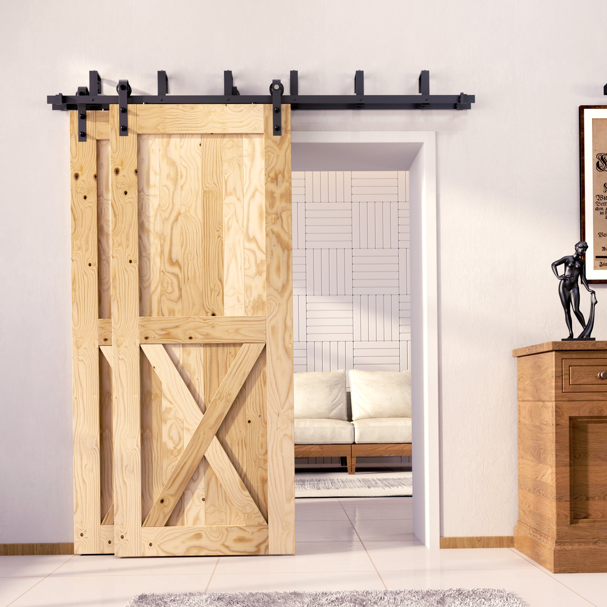 double bypass barn door hardware with unpainted sliding door