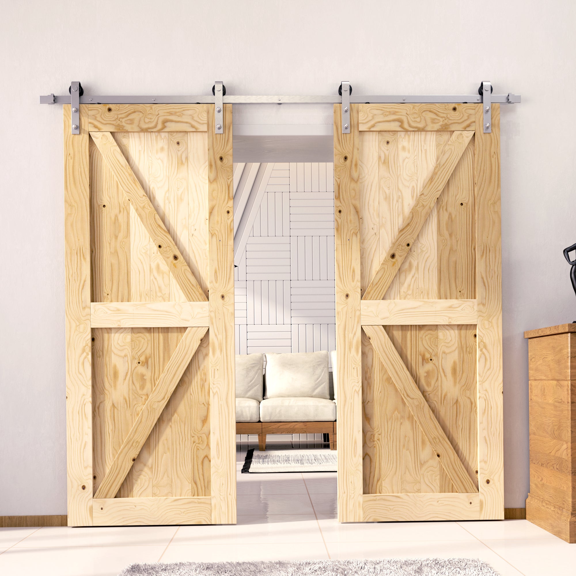 Homacer double barn door with brushed nickel hardware