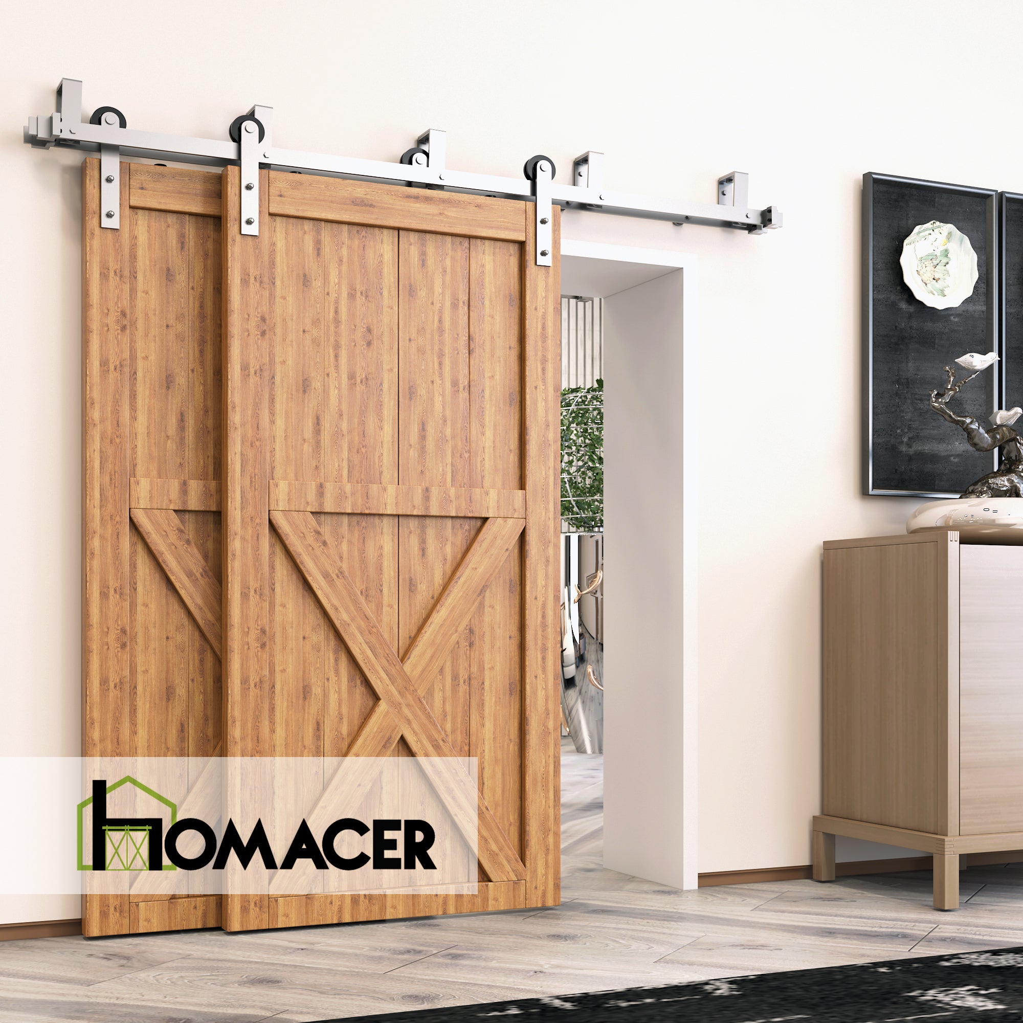 Homacer double sliding barn door hardware brushed nickel
