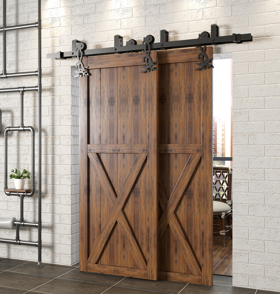 Double Track U-Shape Bypass Sliding Barn Door Hardware Kit - Flower Design Roller
