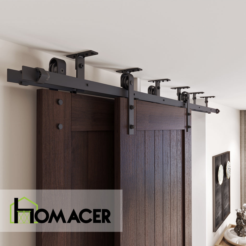 Homacer Black Rustic Ceiling Mount Double Track Bypass Sliding Barn Door Hardware Kit, For Two/Double Doors