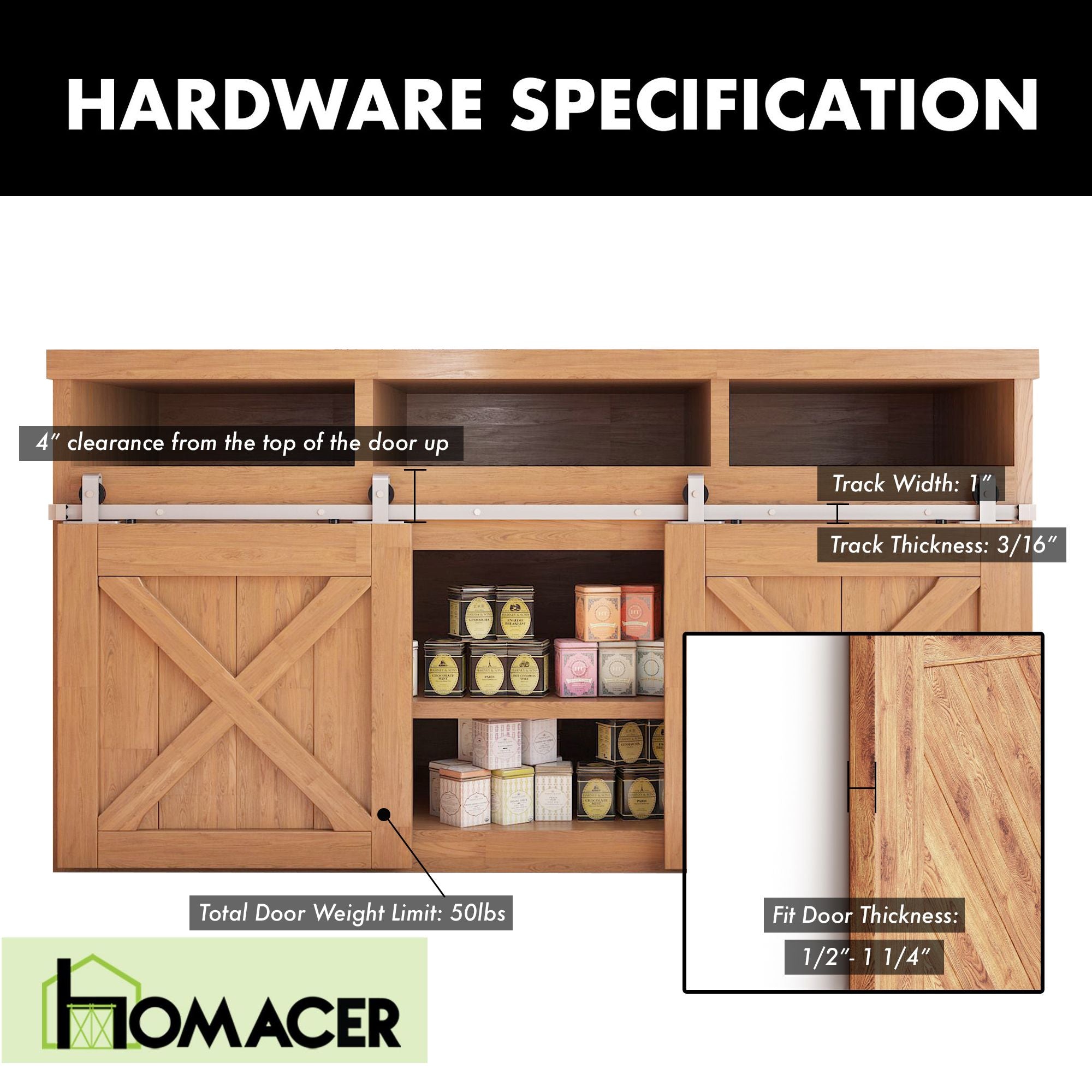 homacer brushed nickel top mount miniature barn door hardware kit specification
