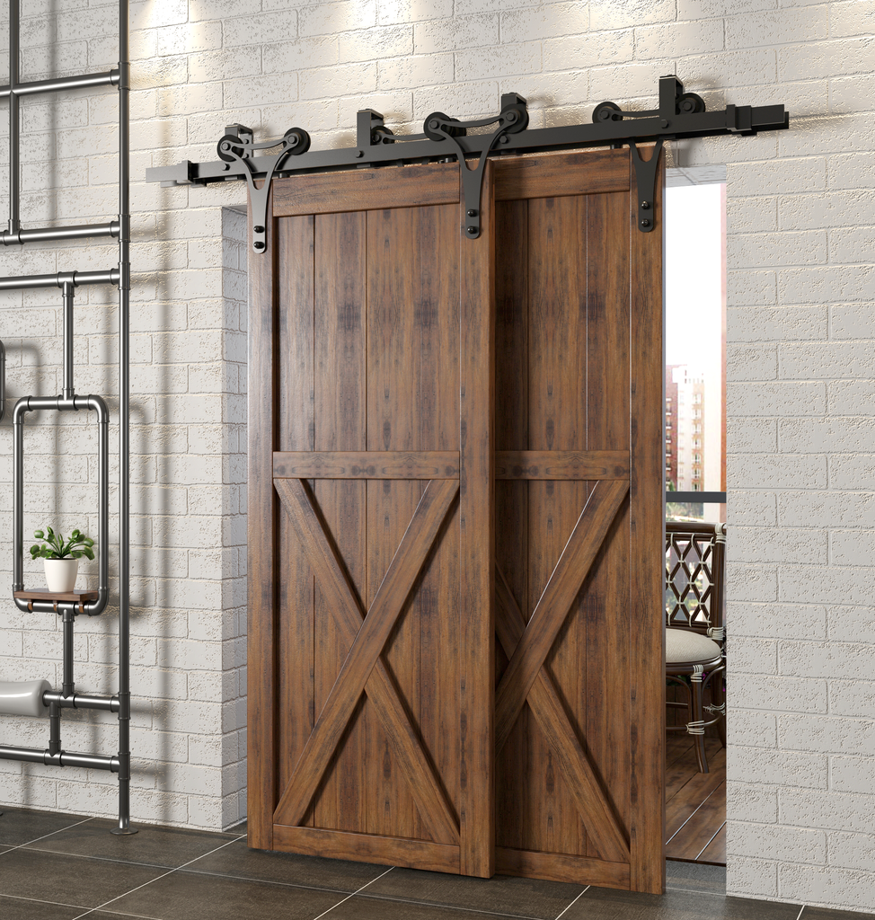 Double Track U-Shape Bypass Sliding Barn Door Hardware Kit - Horns Design Roller