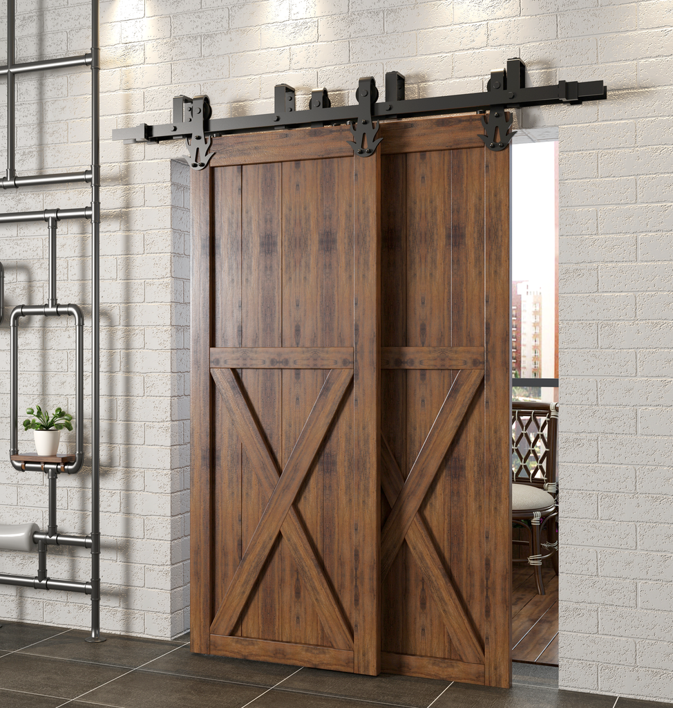 Double Track U-Shape Bypass Sliding Barn Door Hardware Kit - Flame Design Roller