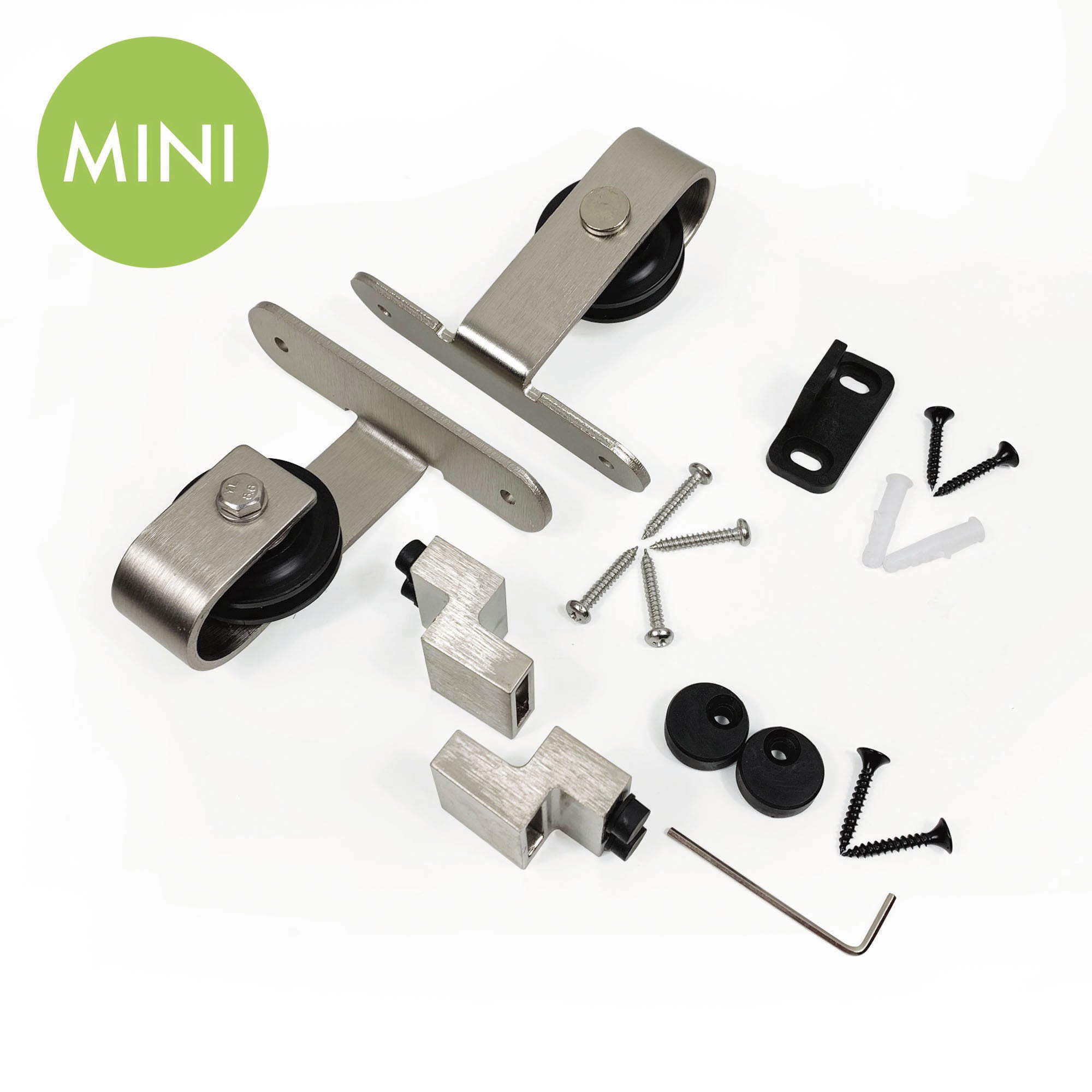 homacer sliding barn door Brushed Nickel Mini Bent T-Shape Roller Set (1 pair)