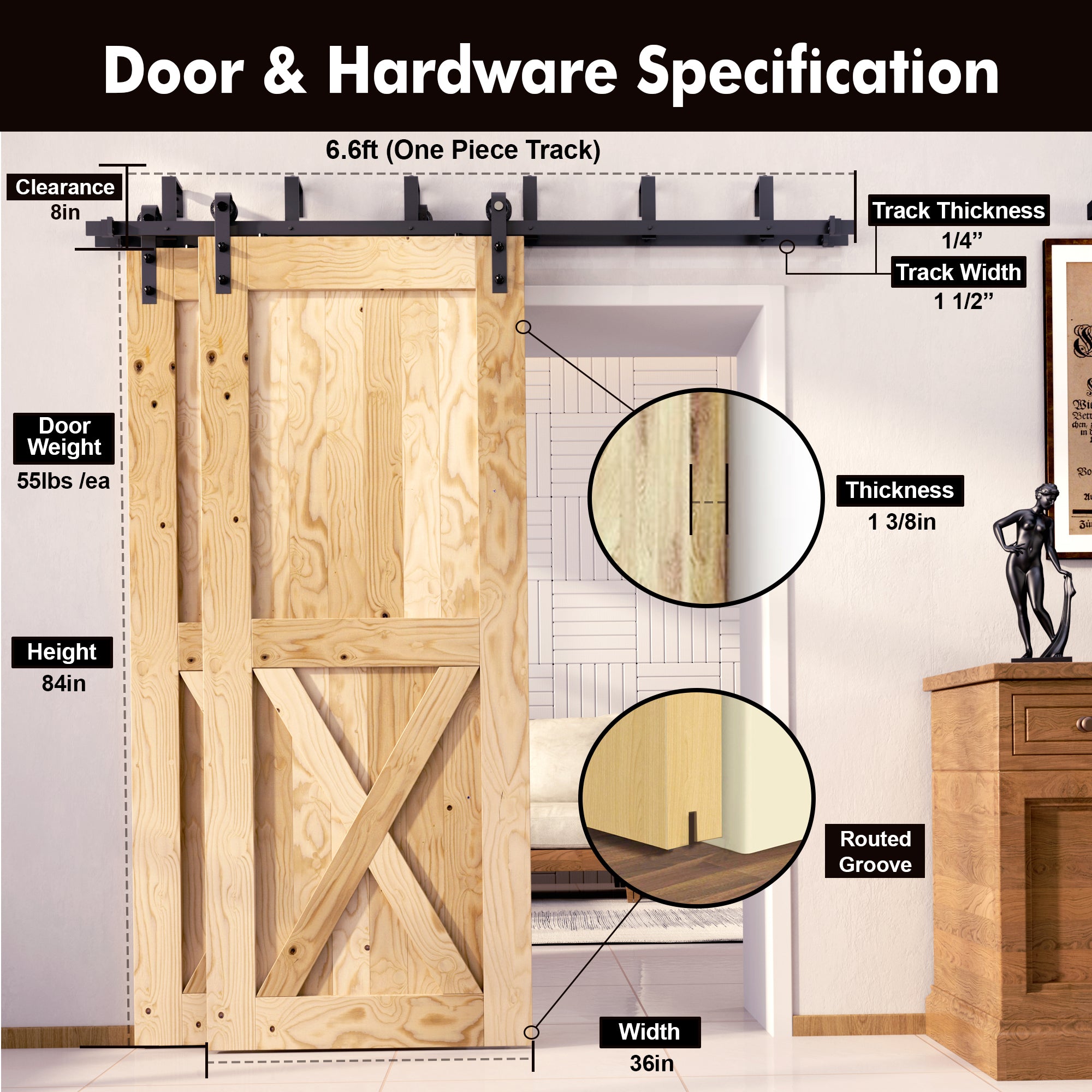 homacer interior barn door with hardware details