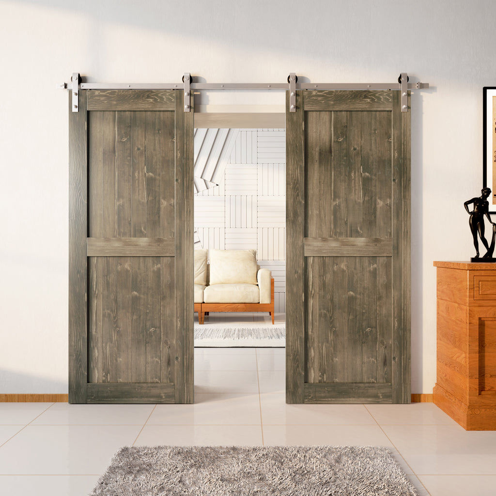 84" Height Finished & Unassembled Double Barn Door with Brushed Nickel Non-Bypass Installation Hardware Kit (H Desgin)