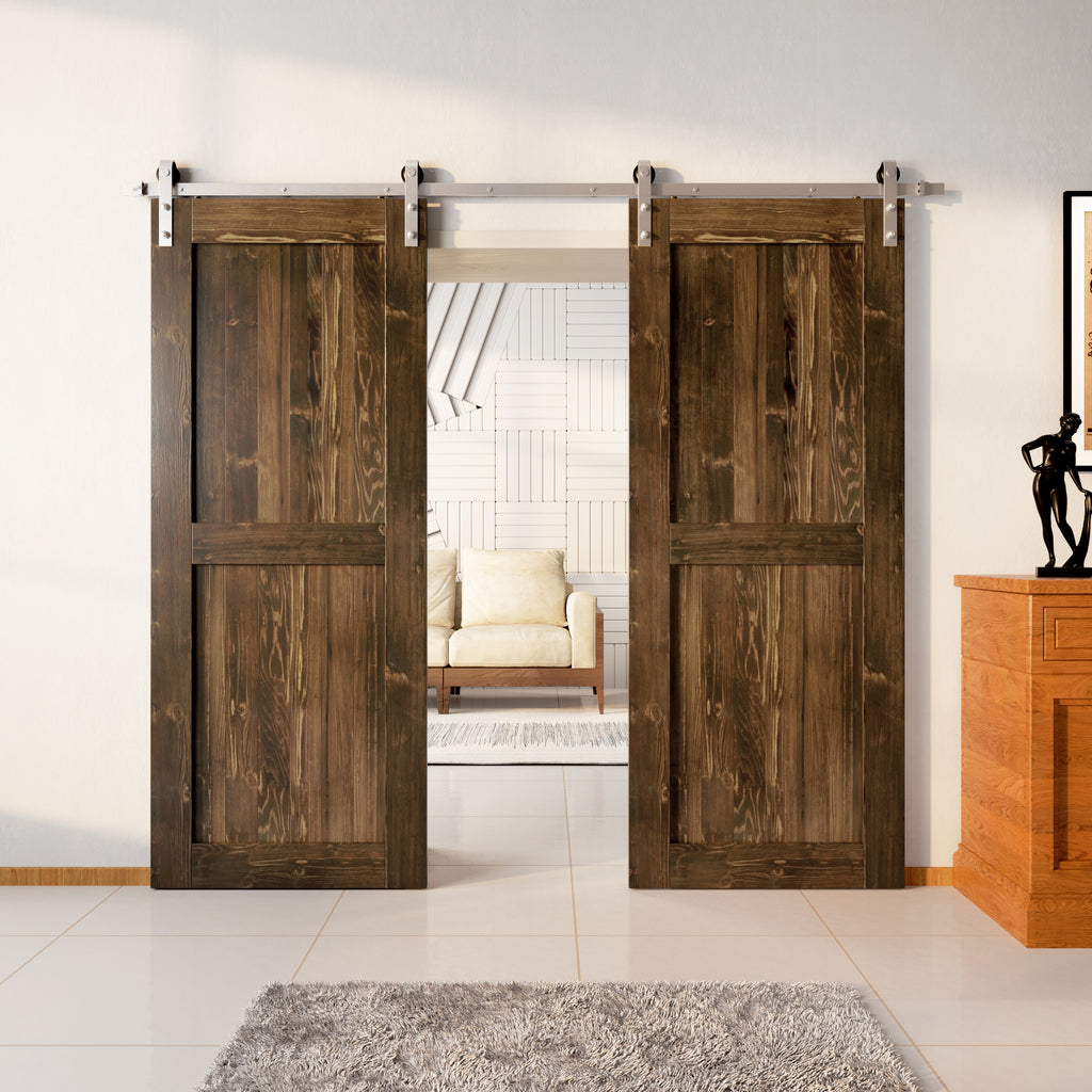 84" Height Finished & Unassembled Double Barn Door with Brushed Nickel Non-Bypass Installation Hardware Kit (H Desgin)