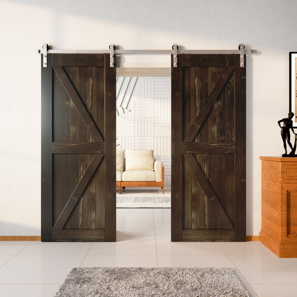 84" Height Finished & Unassembled Double Barn Door with Brushed Nickel Non-Bypass Installation Hardware Kit (Arrow Design)