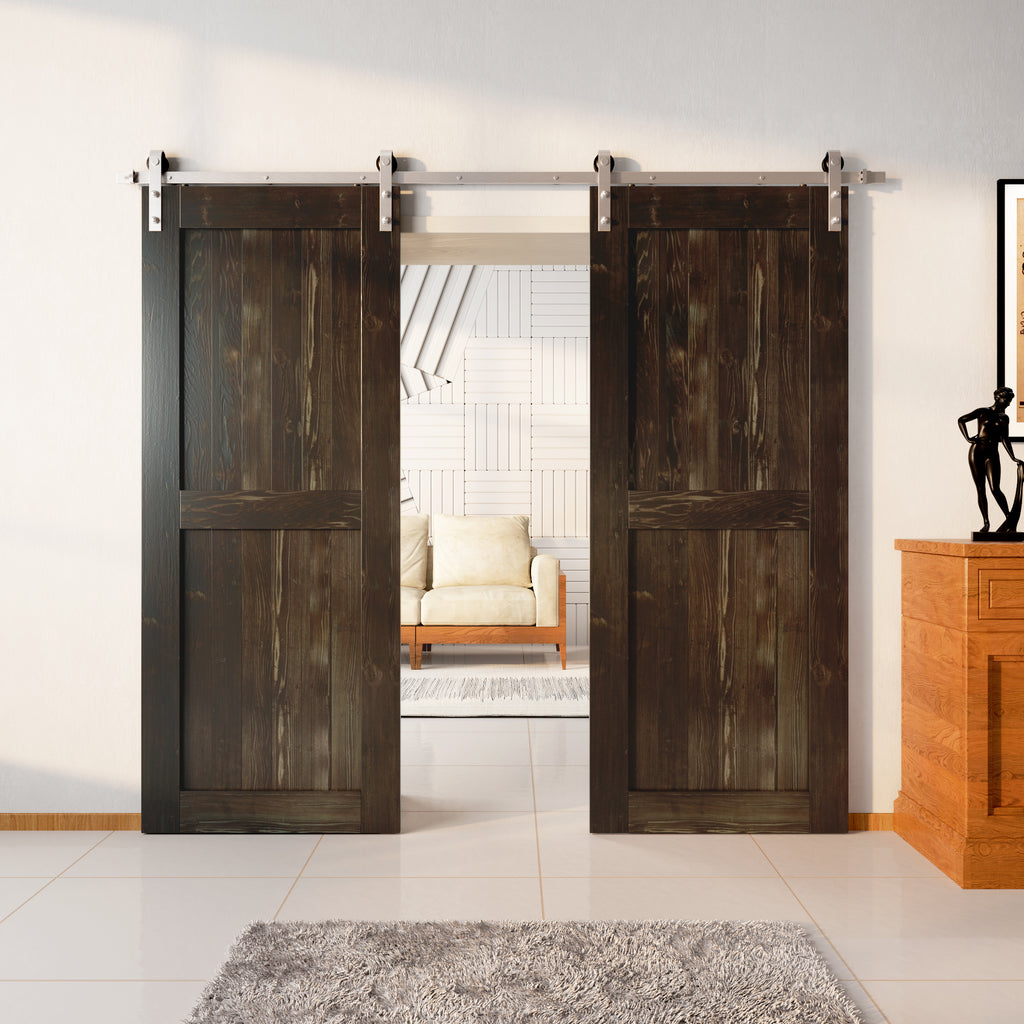 84" Height Finished & Unassembled Double Barn Door with Brushed Nickel Non-Bypass Installation Hardware Kit (H Desgin)