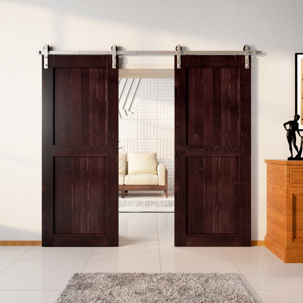 84" Height Finished & Unassembled Double Barn Door with Brushed Nickel Non-Bypass Installation Hardware Kit (H Desgin)