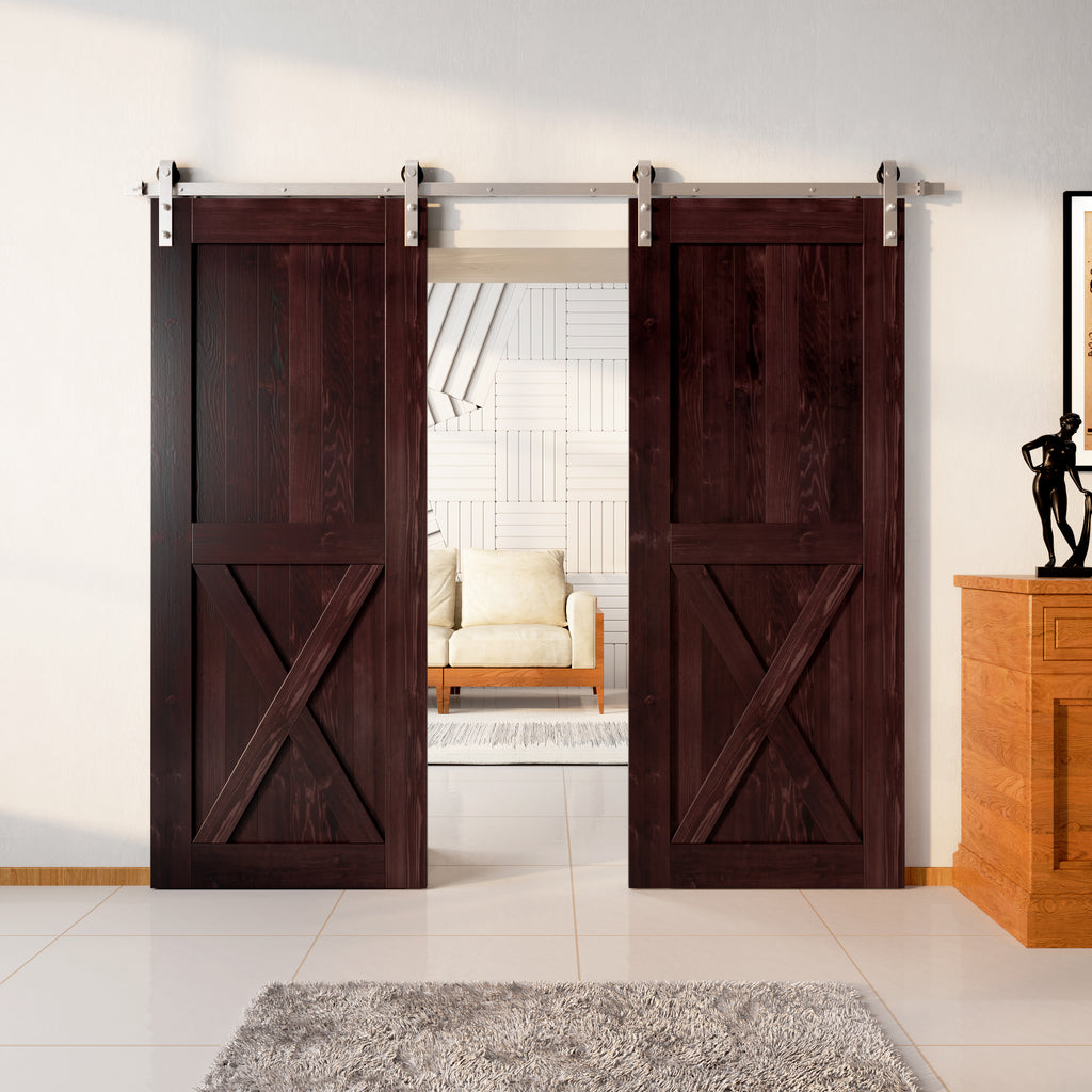84" Height Finished & Unassembled Double Barn Door with Brushed Nickel Non-Bypass Installation Hardware Kit (Single X)