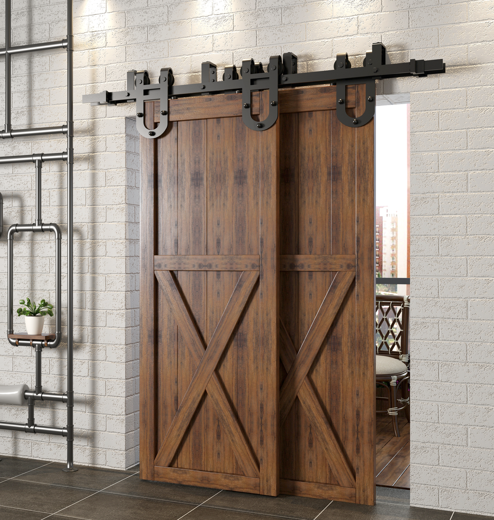 Double Track U-Shape Bypass Sliding Barn Door Hardware Kit - Horseshoe Design Roller