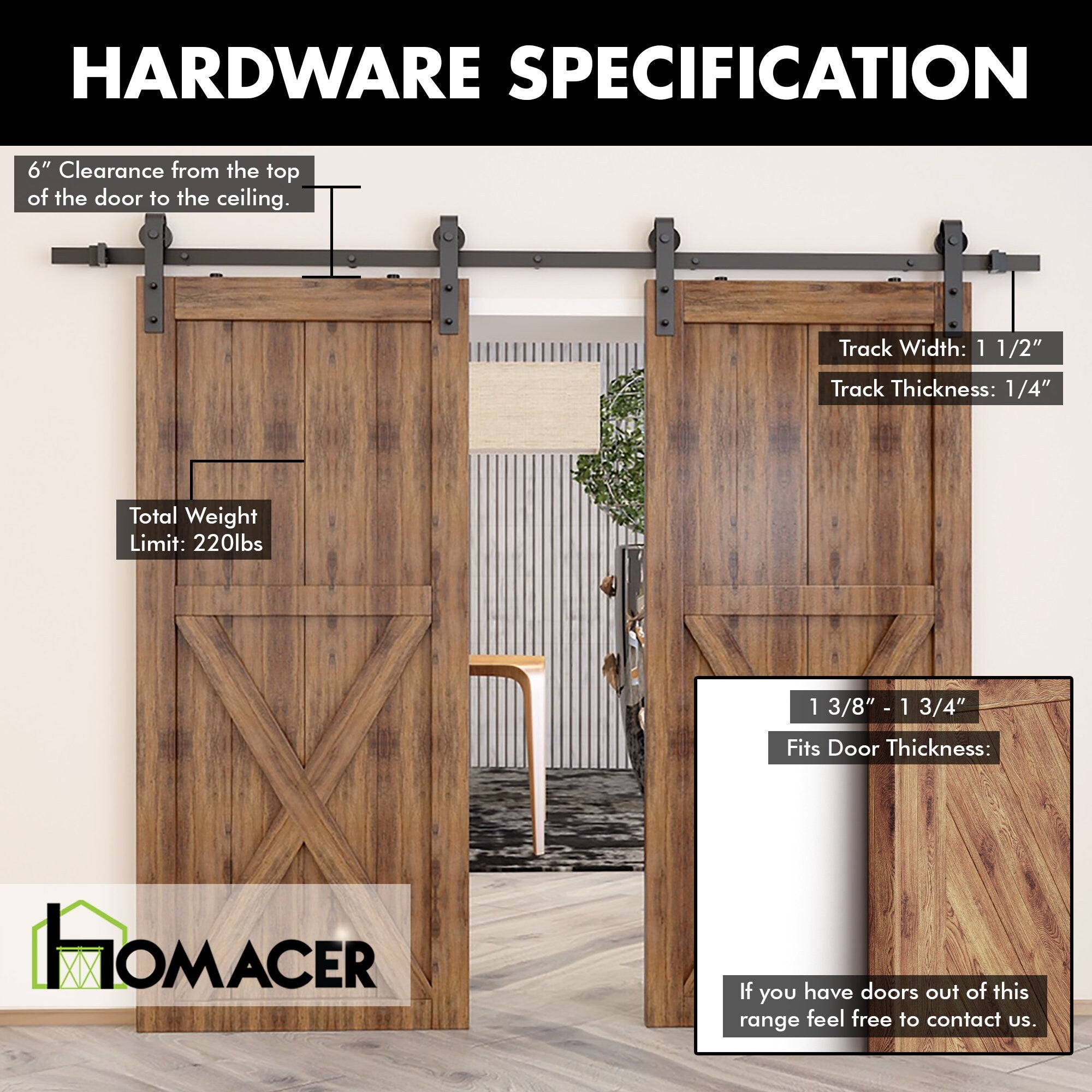 Homacer Black Rustic Non-Bypass Sliding Barn Door Hardware Kit, for Two/Double Doors - Classic Design Roller